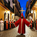 **

A vibrant Semana Santa procession in Seville. Nazarenos in colorful robes with tall, pointed hoods walk through a narrow, cobblestone street, holding lit candles. In the background, a beautifully adorned "paso" (float) depicting a biblical scene is carried by costaleros. A saeta singer performs from a balcony overhead. The atmosphere is filled with emotion and reverence.

**