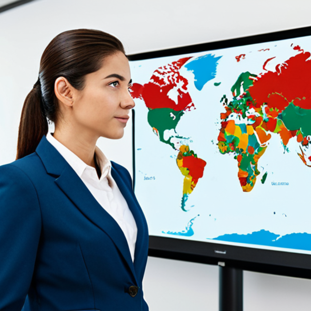 A professional linguist in a modest business suit, fully clothed, standing confidently in a bright, modern office. She is looking towards a large digital display showing a stylized world map with different Spanish-speaking regions highlighted, symbolizing language diversity. Her posture is natural, projecting expertise. The image emphasizes perfect anatomy, correct proportions, well-formed hands, and proper finger count. This is a high-quality professional photograph, appropriate attire, safe for work, appropriate content, and family-friendly.