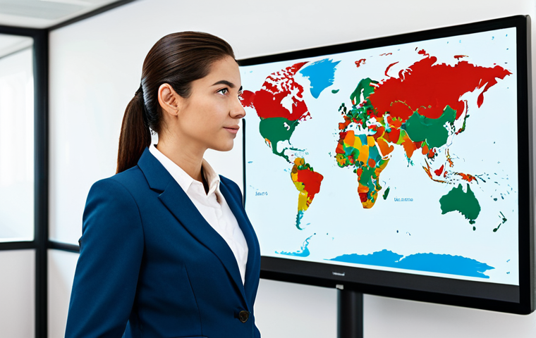 A professional linguist in a modest business suit, fully clothed, standing confidently in a bright, modern office. She is looking towards a large digital display showing a stylized world map with different Spanish-speaking regions highlighted, symbolizing language diversity. Her posture is natural, projecting expertise. The image emphasizes perfect anatomy, correct proportions, well-formed hands, and proper finger count. This is a high-quality professional photograph, appropriate attire, safe for work, appropriate content, and family-friendly.