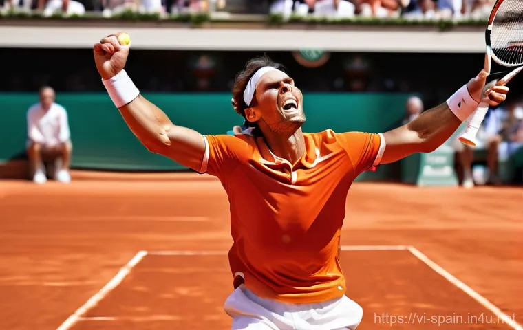 라파엘 나달과 테니스 업적 - **Prompt: Rafael Nadal, the "King of Clay," in a powerful and triumphant moment at Roland Garros. He...