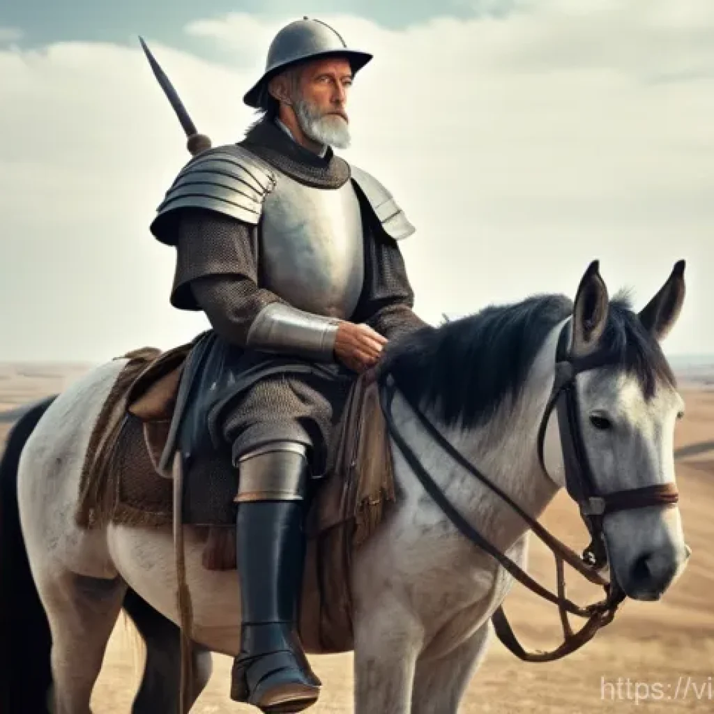 세르반테스와 돈키호테 - **Prompt:** A dignified, elderly man with a gaunt but earnest face, resembling Don Quixote, stands p...