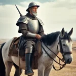 세르반테스와 돈키호테 - **Prompt:** A dignified, elderly man with a gaunt but earnest face, resembling Don Quixote, stands p...