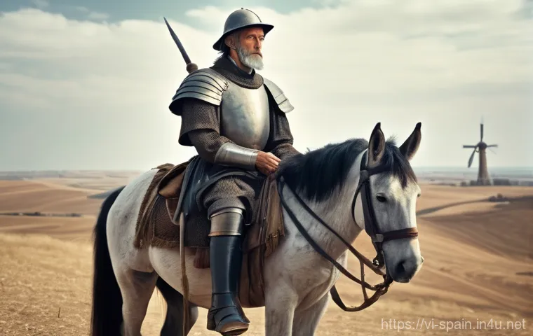 세르반테스와 돈키호테 - **Prompt:** A dignified, elderly man with a gaunt but earnest face, resembling Don Quixote, stands p...