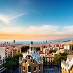 스페인 주요 관광지 - A vibrant panoramic view of Barcelona featuring the Sagrada Familia bathed in warm late afternoon su...