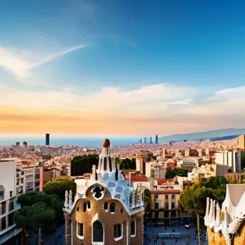 스페인 주요 관광지 - A vibrant panoramic view of Barcelona featuring the Sagrada Familia bathed in warm late afternoon su...