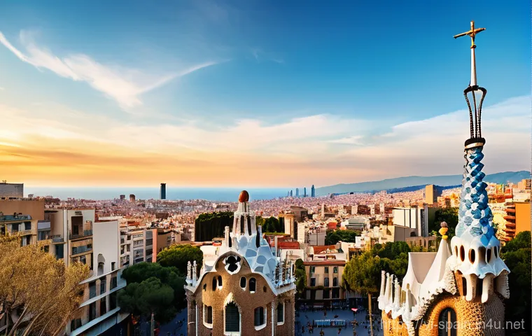 스페인 주요 관광지 - A vibrant panoramic view of Barcelona featuring the Sagrada Familia bathed in warm late afternoon su...