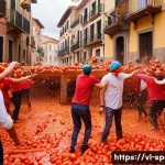 스페인 축제 일정 및 정보 - A vibrant street scene during La Tomatina festival in Buñol, Spain, filled with hundreds of joyful p...
