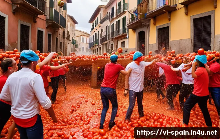 스페인 축제 일정 및 정보 - A vibrant street scene during La Tomatina festival in Buñol, Spain, filled with hundreds of joyful p...