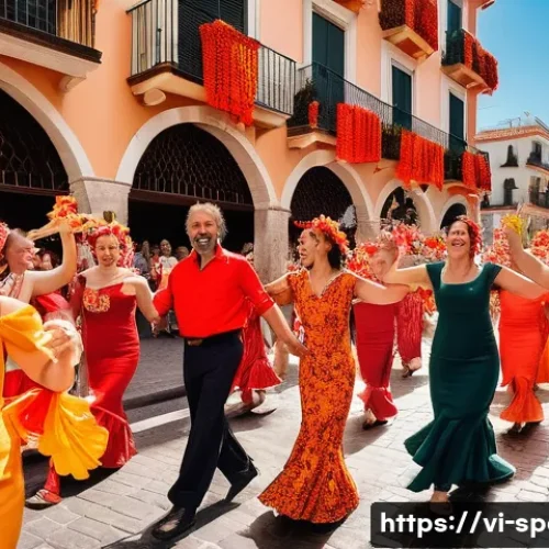 스페인과 포르투갈 문화 차이 - A vibrant street scene during the Spanish festival La Tomatina, showing a diverse group of adults dr...