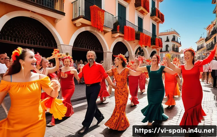스페인과 포르투갈 문화 차이 - A vibrant street scene during the Spanish festival La Tomatina, showing a diverse group of adults dr...